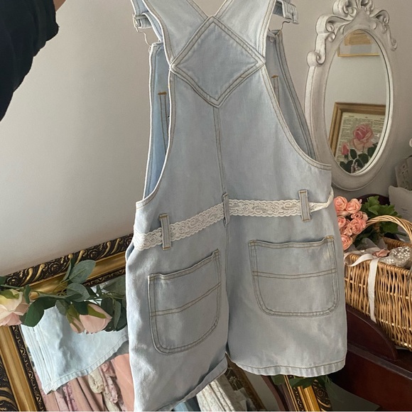 Light Denim Cottage-core Overalls With Floral Embroidered Heart - Picture 4 of 7